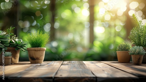 wooden table top with pot plants blurred background for products © marimalina