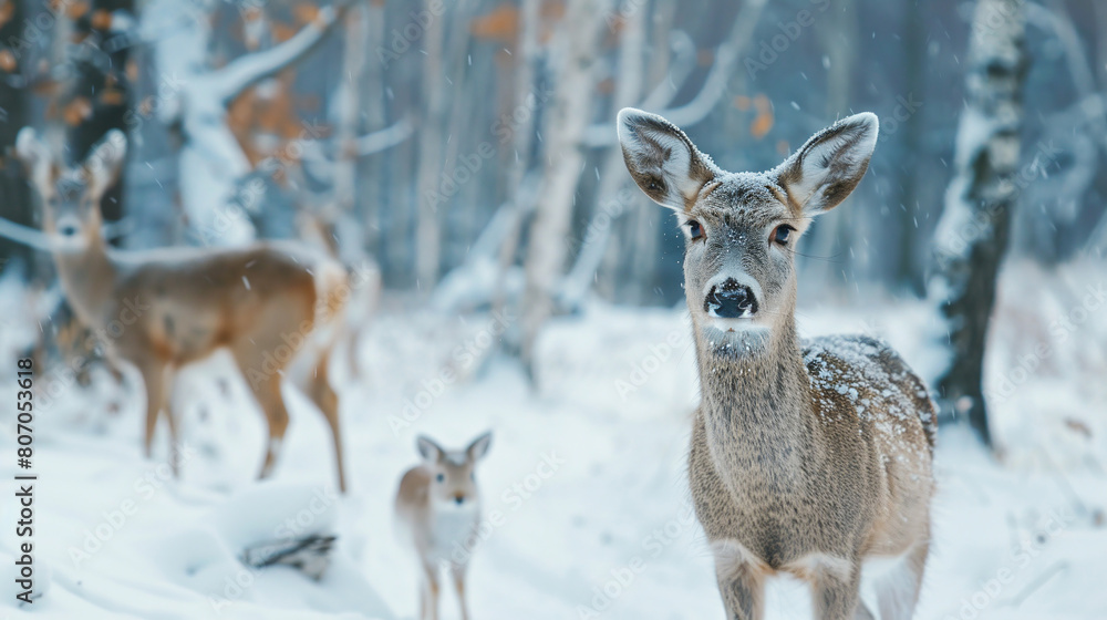 Fototapeta premium White-tailed deer, doe and fawn in winter forest. AI.