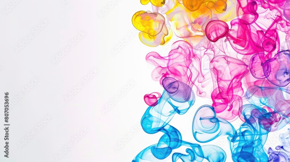 Elegant abstract composition of colorful smoke swirls in yellow, pink, and blue on a clean white background.