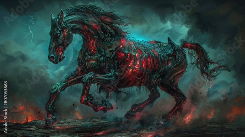 Dramatic depiction of a spectral fire horse galloping through a stormy  apocalyptic landscape with intense energy.