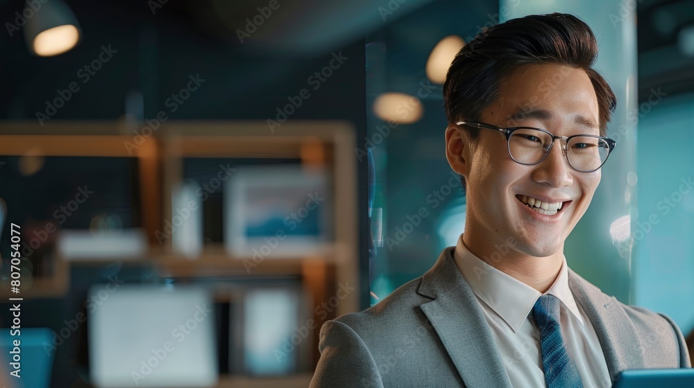 An Asian Chinese Young Businessman Smiles While Using A Digital Tablet And Glancing Away In His Workspace, Background HD For Designer An Asian Chinese Young Businessman Smiles While Using A Digital Tablet And Glancing Away In His Workspace, Background HD For Designer