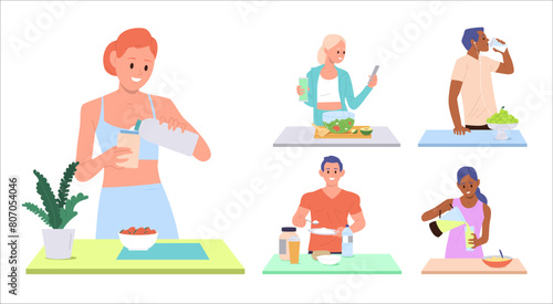 People cartoon characters cooking healthy sports food at kitchen table scene set isolated on white