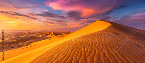  vast desert landscape at sunset  with sand dunes glowing golden in the fading light and a colorful sky overhead  the scene captured in stunning 32k resolution to showcase the beauty.
