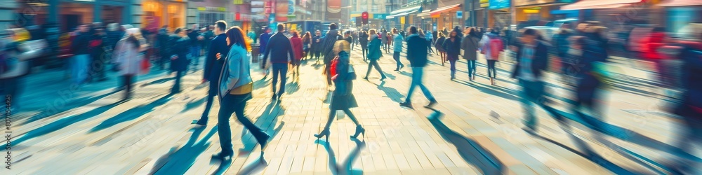 Obraz premium Blurred background of a busy street with a crowd walking fast, with a motion blur effect. Abstract blurred people in a city center during daylight. A concept for business growth