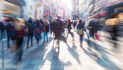 Blurred background of a busy street with a crowd walking fast, with a motion blur effect. Abstract blurred people in a city center during daylight. A concept for business growth