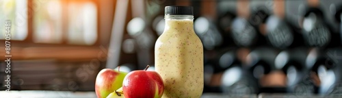 Healthfocused image of an apple smoothie in a reusable glass bottle, ready for onthego consumption, with gym equipment in the background photo