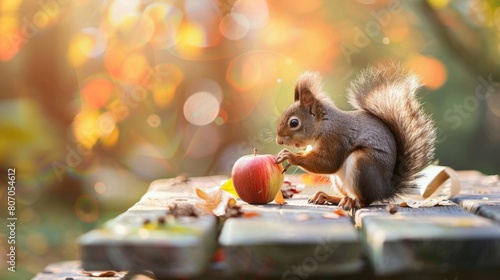 A squirrel and an apple placed on a picnic table, illustrating a storybooklike interaction between nature and human food items photo