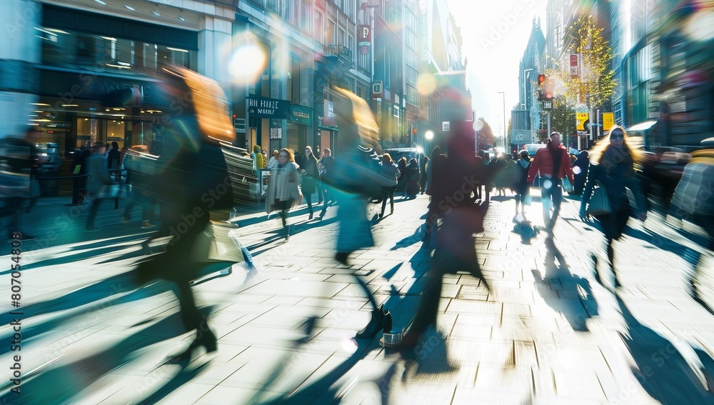 Blurred background of a busy street with a crowd walking fast, with a ...