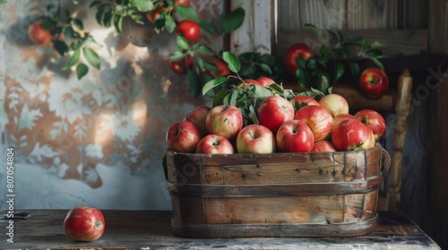 A rustic wooden container overflowing with freshly picked apples  set on a vintage farmhouse table  perfect for a country living magazine spread
