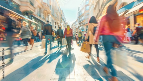 Blurred background of a busy street with a crowd walking fast, with a motion blur effect. Abstract blurred people in a city center during daylight. A concept for business growth