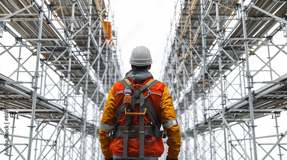 A man in a yellow and orange jacket stands in front of a large building A man in a yellow and orange jacket stands in front of a large building