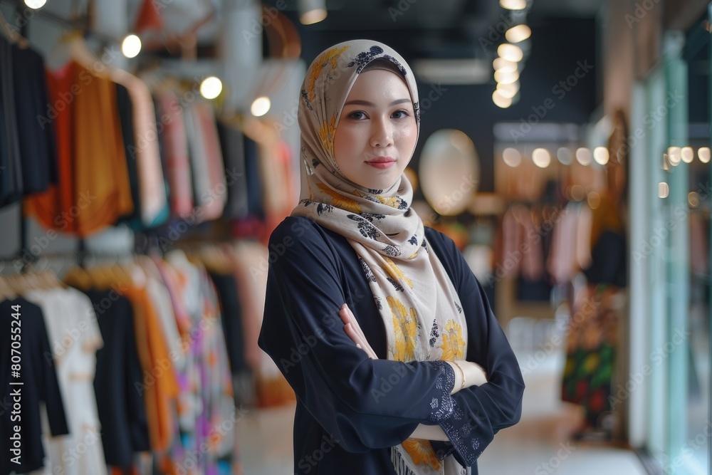Muslim female business owner in fashion boutique.