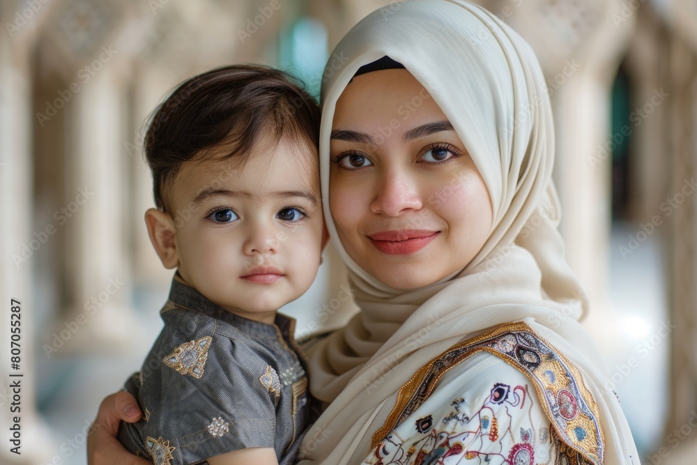 portrait of pretty muslim woman with her son