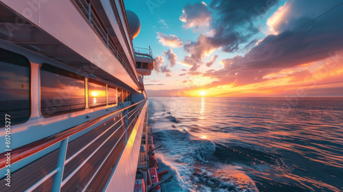 Breathtaking sunset viewed from the side of a cruise ship, reflecting vibrant colors over the ocean's surface, creating a serene travel experience.
 photo
