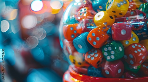 Gumball machine filled with colorful dice, game night theme, vivid and playful tones,