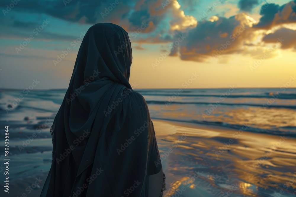 Woman in hijab standing on the beach looking at horizon Woman in hijab standing on the beach looking at horizon