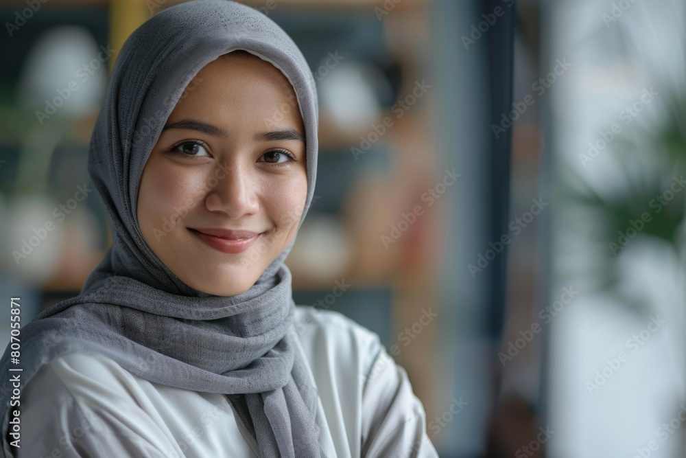 Young asian muslim woman in head scarf smile with arms crossed Young asian muslim woman in head scarf smile with arms crossed