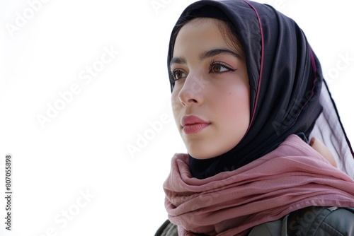 Young Muslim woman in head scarf with modern clothes isolated on white