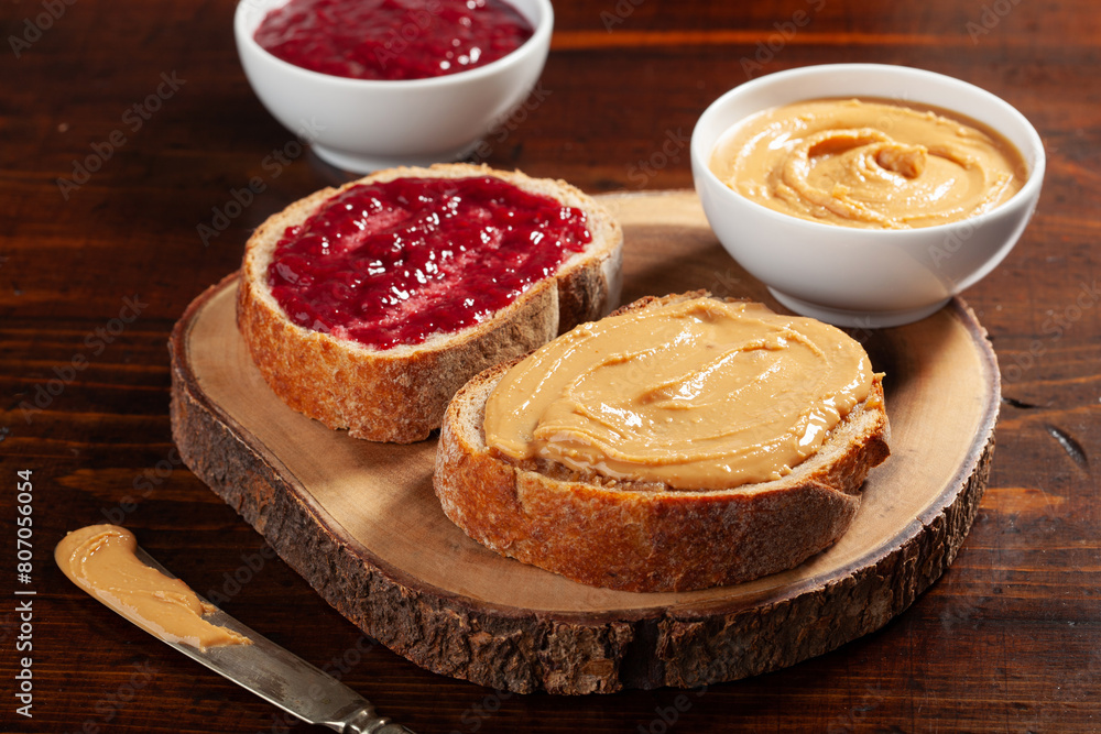 smooth peanut butter and jam bread toast, american traditional sandwich