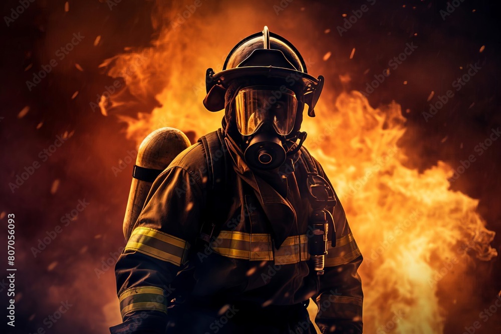 A firefighter in full gear holding a hose, with flames visible in the background, symbolizing bravery and protection in emergency services A firefighter in full gear holding a hose, with flames visible in the background, symbolizing bravery and protection in emergency services