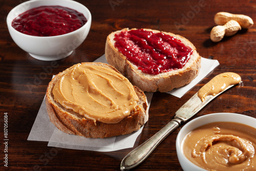 smooth peanut butter and jam bread toast, american traditional sandwich