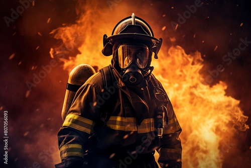 A firefighter in full gear holding a hose, with flames visible in the background, symbolizing bravery and protection in emergency services