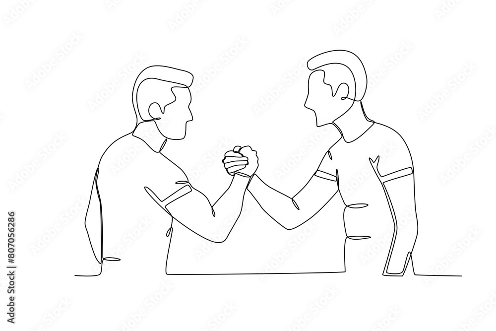 Single continuous line drawing of young two friends shaking hands. Business agreement celebration concept continuous line graphic draw design vector illustration
