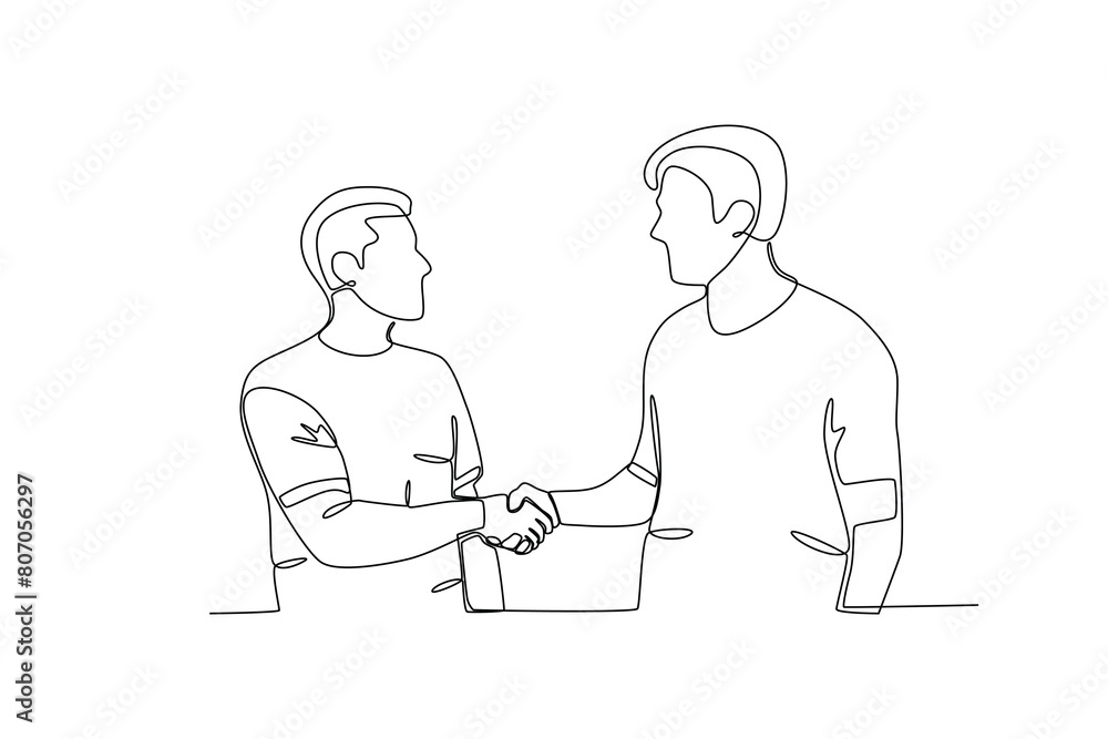 Single continuous line drawing of young two friends shaking hands. Business agreement celebration concept continuous line graphic draw design vector illustration
