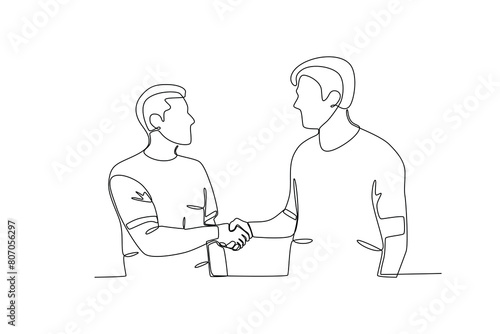 Single continuous line drawing of young two friends shaking hands. Business agreement celebration concept continuous line graphic draw design vector illustration 