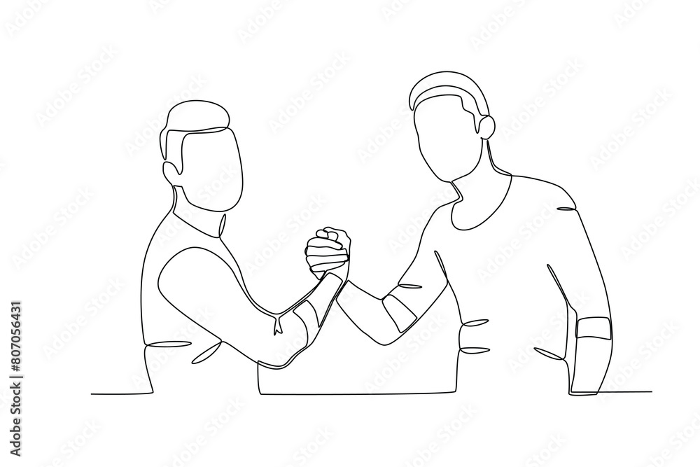 Single continuous line drawing of young two friends shaking hands. Business agreement celebration concept continuous line graphic draw design vector illustration
Single continuous line drawing of young two friends shaking hands. Business agreement celebration concept continuous line graphic draw design vector illustration