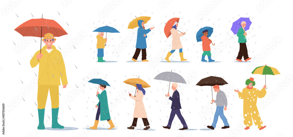 Diverse adult people and children cartoon characters walking with umbrellas during rainy autumn day