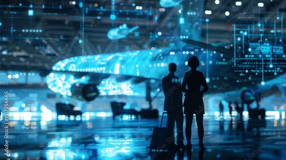 A couple standing in front of a futuristic airplane.