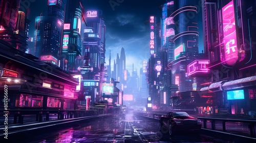 Night city panorama with high-rise buildings and neon lights. 3d rendering photo