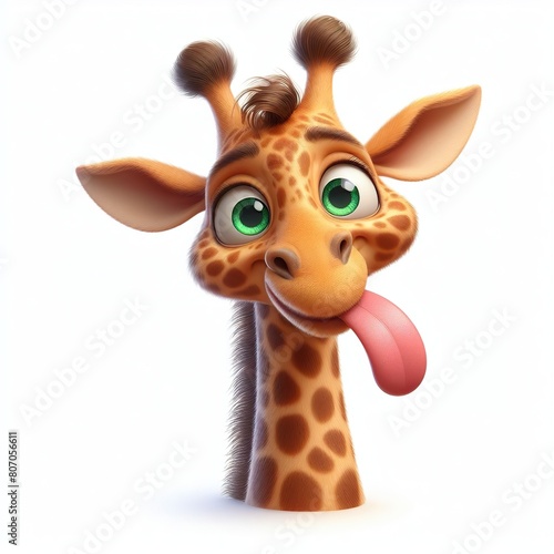 a photorealistic whimsical cartoon Giraffe with a mischievous grin. The Giraffe has green eyes and long fur