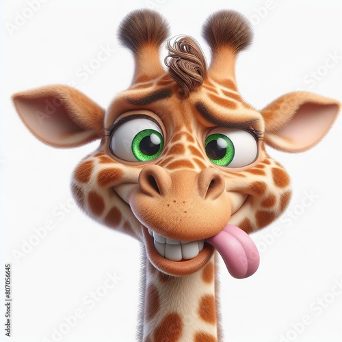 a photorealistic whimsical cartoon Giraffe with a mischievous grin. The Giraffe has green eyes and long fur