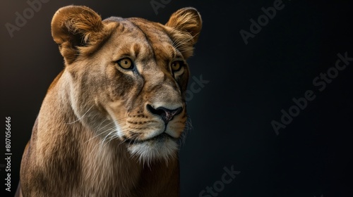 Detailed view of a lion in close proximity against a dark backdrop
