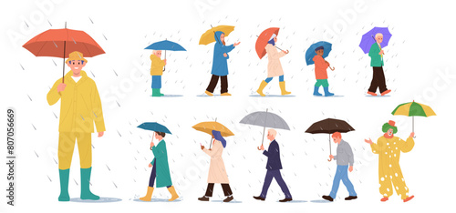 Diverse adult people and children cartoon characters walking with umbrellas during rainy autumn day