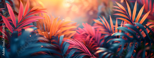 Vibrant Tropical palm leaves. Summer neon leaves banner with copy space. Holiday concept. Fantasy jungle background.