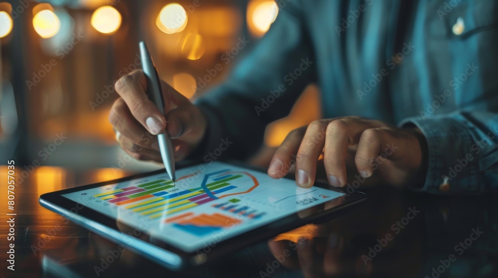 A businessman analyzing a colorful line graph on a digital tablet in a modern office setting, symbolizing financial strategy and growth.