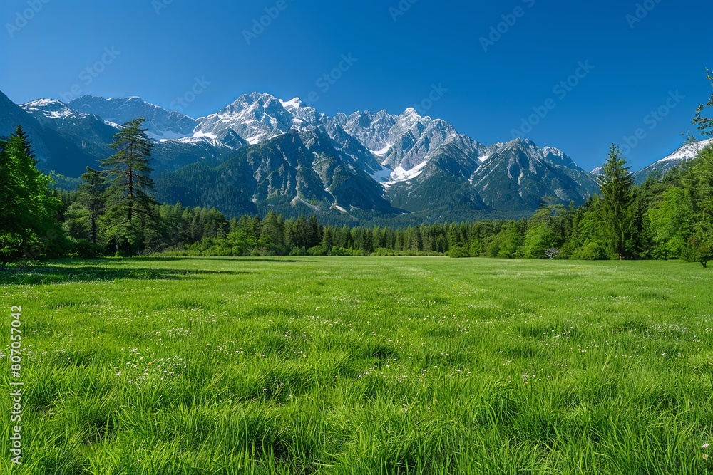 green meadow with pine trees in the foreground, snowcapped mountains and a clear blue sky background