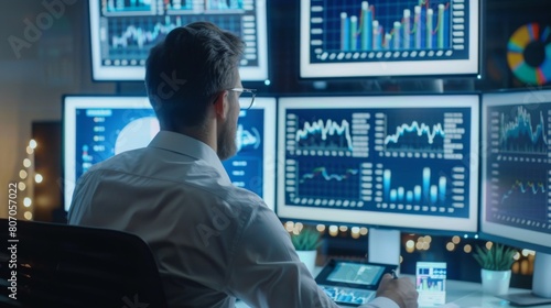 A businessman analyzing financial data on multiple computer screens, showcasing multitasking and analytical skills in modern business environments.