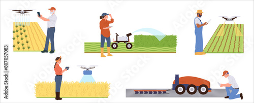 Smart agriculture isolated set with happy farmers working on field using modern digital technology