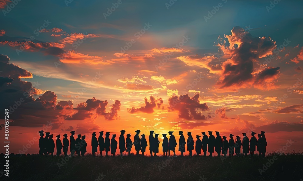 Silhouettes of students with graduation caps in a row against panoramic sunset background. Silhouettes of students with graduation caps in a row against panoramic sunset background.