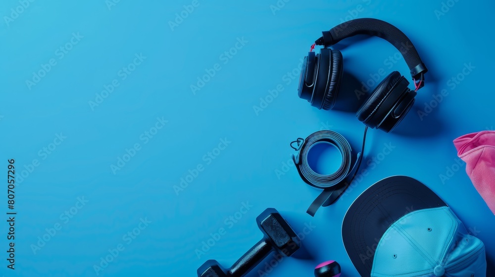 Dynamic top view portrait of assorted gym gear, a cap, headphones, dumbbells, and a measuring tape on a dual-tone background, with ample blue space for advertising Dynamic top view portrait of assorted gym gear, a cap, headphones, dumbbells, and a measuring tape on a dual-tone background, with ample blue space for advertising