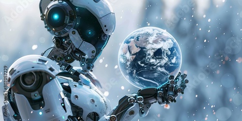A futuristic robot holding the Earth symbolises thinking about environmental impact in today's digital age photo