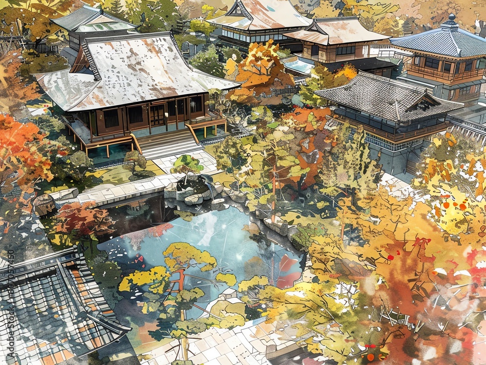 Capture a high-angle view of a serene Japanese garden merging with futuristic holographic displays in a digital watercolor style Capture a high-angle view of a serene Japanese garden merging with futuristic holographic displays in a digital watercolor style