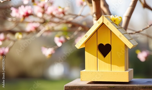 Yellow bird house with the heart shaped entrance on blurred spring outdoor background with copy space © Olha