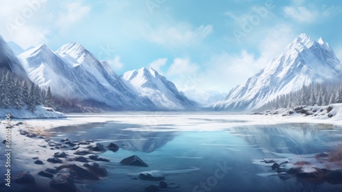 a frozen lake surrounded by snow-capped mountains,  © CStock