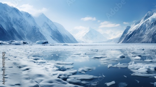 a frozen lake surrounded by snow-capped mountains, 