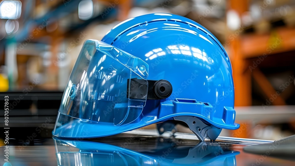 Fototapeta premium Safety Helmet in Blue for Construction Worker PPE in Factory Setting. Concept Safety Gear, Construction Worker, Blue Helmet, PPE, Factory Setting